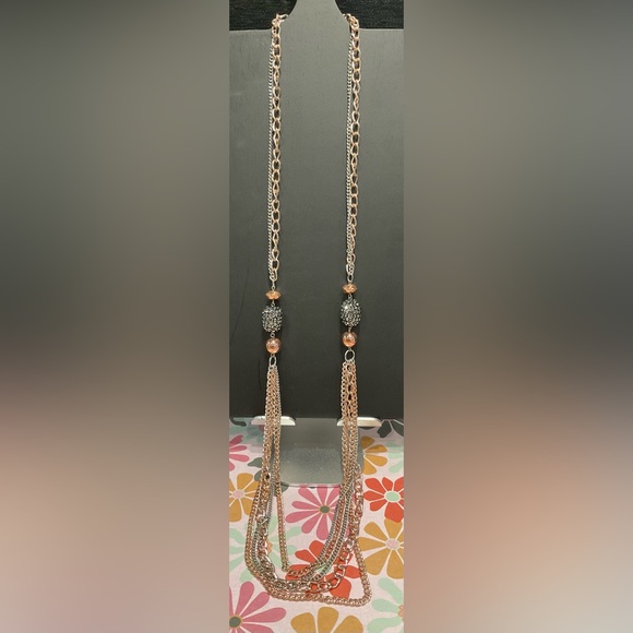 Silver Tone & Gold Tone Chain Long Necklace W/5 Layer Chain Bib  #283 - Picture 1 of 8